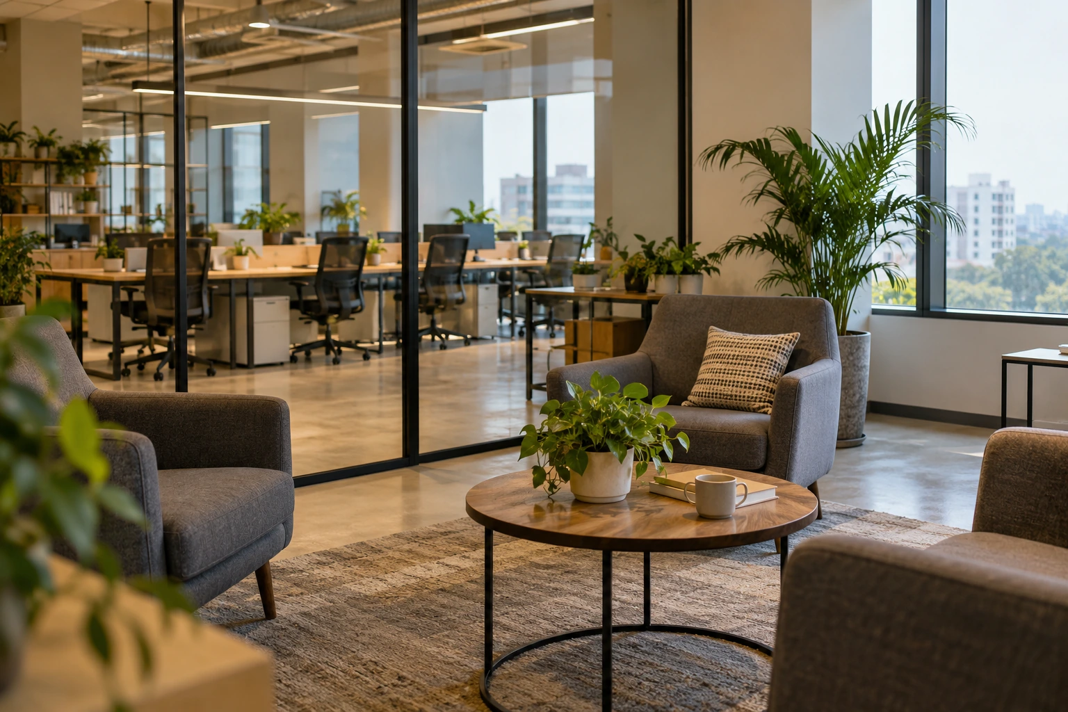Illustrative view of a contemporary coworking lounge
