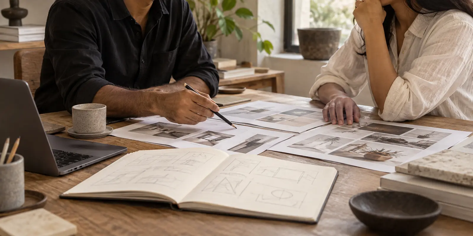 People reviewing website research and sketches at a studio table